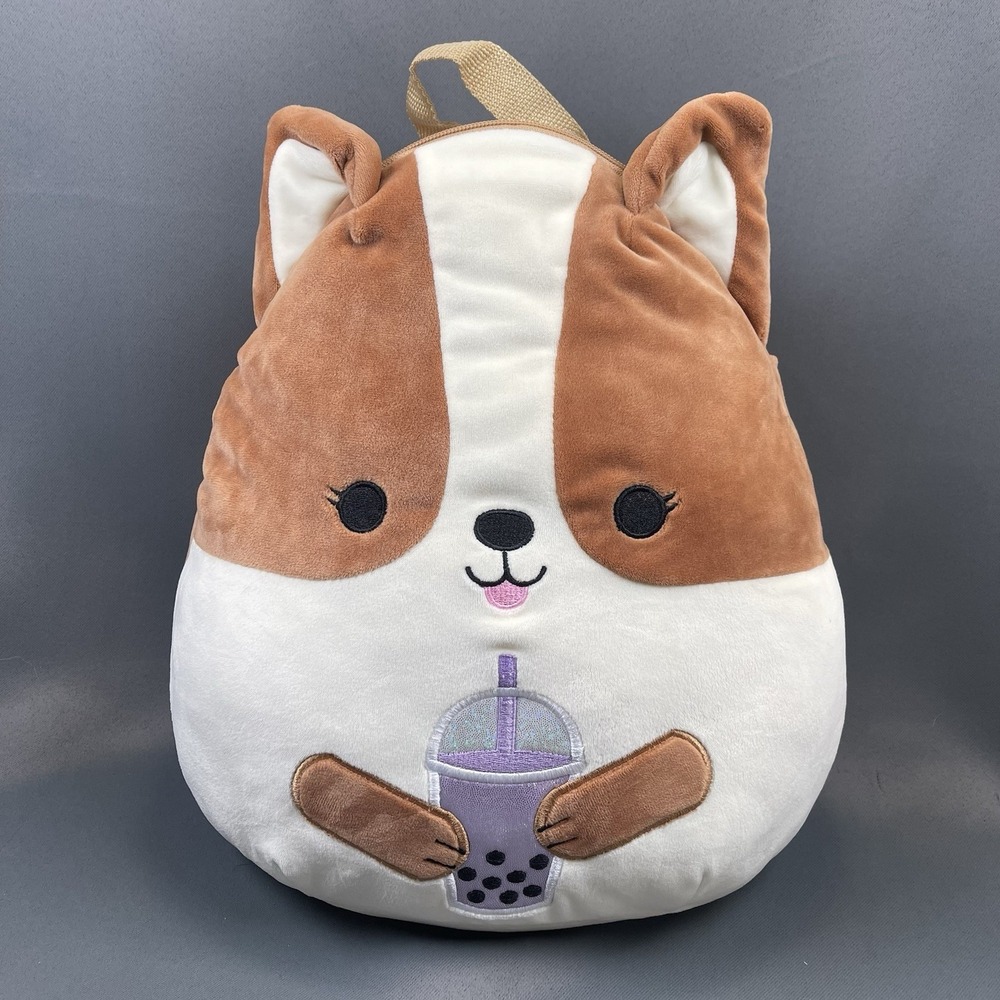 Squishmallow BackPack 12" Boba Tea Regina Corgi Brown & White Dog - Picture 2 of 16